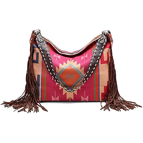 Boho Purse - Women Large Shoulder Handbags Vintage Hemp Rattan Woven Tote Hippie Bag, Fuchsia, L Cover
