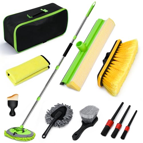 COVVY Kit de lavage de voiture, 11 pièces, brosse de lavage de voiture de 150 cm, avec long manche, machine à laver les fenêtres, brosse de roue de voiture, kit de brosse de détail pour voitures