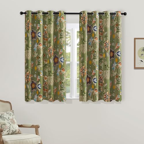 Image of XiDi Sage Green Boho Blackout Floral Curtains 63 inches Long 2 Panels