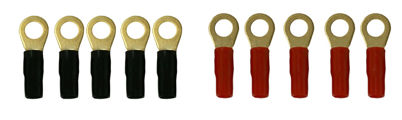 DNF 5 Pair Copper 24K Gold Plated 8 Gauge Ring Tongue Terminals Red (5 Boots) + Black (5 Boots) #5/16