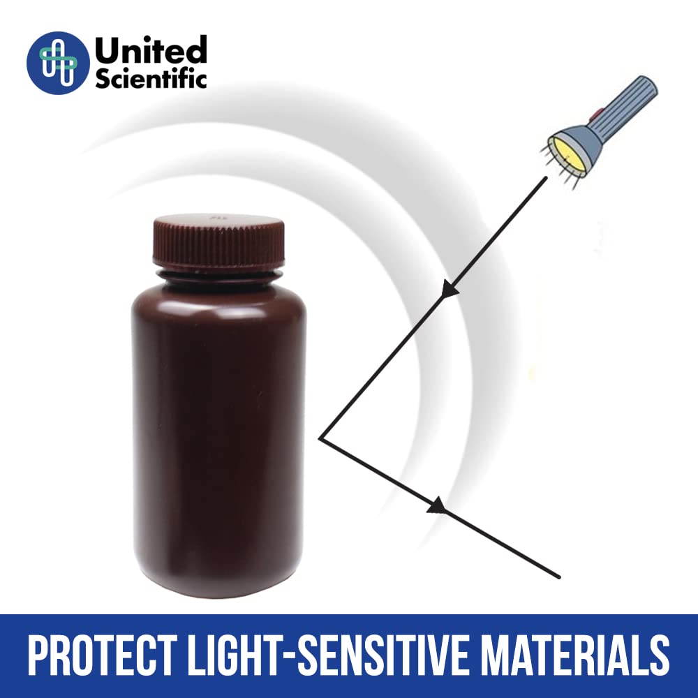 United Scientific® - Sample Containers with Lids - Amber HDPE Wide Mouth Reagent Bottle - Chemical Container - 8 oz Bottles (250mL) Multi-Purpose Plastic Bottles with Lids, Pack of 12