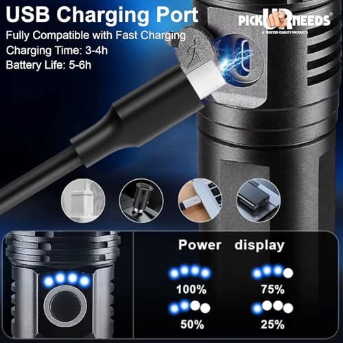 Image of Pick Ur Needs 150w High Power Rechargeable LED Flashlight Torch Zoomable Focus 5 Lighting Modes Type-C Fast Charging Long-Range Torch 4000mAH Battery for Outdoor, Camping & Emergency (Dark Black)