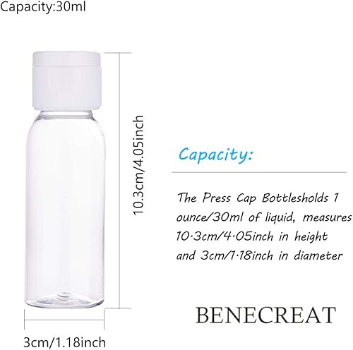 Miniatura 2 de BENECREAT Paquete de 20 botellas de viaje de plástico transparente de 1 onza con tapas blancas, paquete de 10 cuentagotas y 2 embudos para crema,