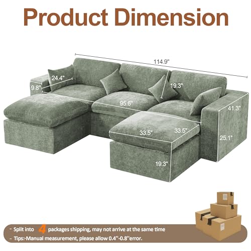 Image of 115'' Cloud Boneless Sectional Couch, Modular Sectional Sofa Deep Seat with 2 Ottomans, Oversized Upholstered Convertible Comfy 5 Seater Chenille Sofa U Shape Couches for Living Room, Green