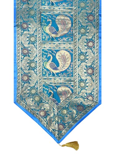 Image of Banarasi Brocade Zari Silk Table Runner Dinning & Centre Table Runner 177 By 30 CM (Turquoise, Peacock)