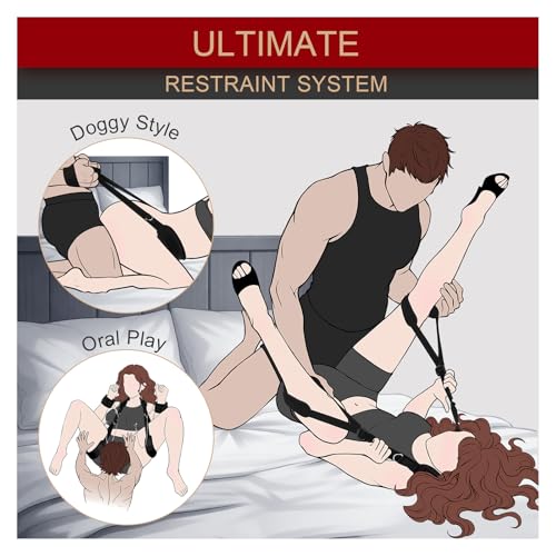 Image of Sex Bondage Leg Restraints with Handcuffs Nipple Clamps, Adjustable Neck to Thigh Sling Straps Wrist Cuffs, BDSM Toys Bed Restraints for Women Couples Beginner (Black Plus)
