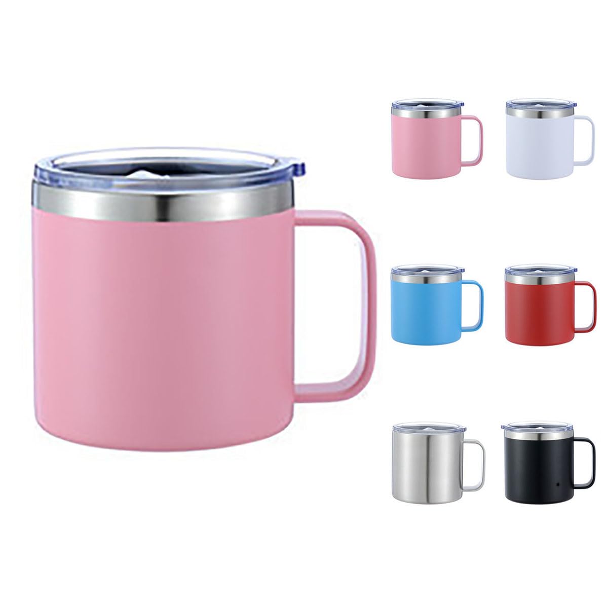 Maideduo Thermal Mug, Insulated Coffee Mug with Handle and Lid, Insulated Camping Mug, Double Walled Stainless Steel Beer Mug, Spill Proof, Reusable(12oz Pink)