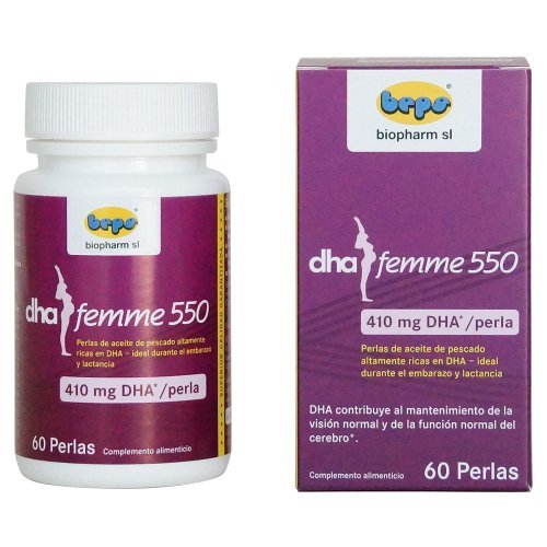 DHA-Femme550- 60 perlas de puro aceite de pescado altamente ricas en DHA. Especialmente formulado para mujeres embarazadas o en período de lactancia Cada cápsula de 650 mg fácilmente ingerida y digerida. Recomendación: 1 a 2 perlas al día junto a una comida -60 highest quality DHA capsules for pregnant and nursing mothers