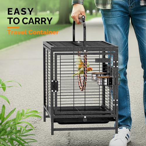 Image of VINGLI Small Bird Cage, 19 inch Travel Carrier Bird Cage with Handle, Wrought Iron Parakeet Cage with Wooden Perch for Parrot Lovebirds Finches Small /Medium Birds (Hammertone Black)