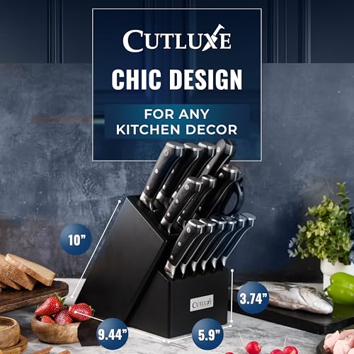 Image of Cutluxe 15-Piece Knife Set - Premium Black Wood Block - Knife Set for Kitchen, Ultra Sharp High Carbon German Stainless Steel, Full Tang - Artisan Series