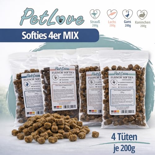 PetLove 100% Fleisch Softies für Hunde • Hundeleckerli ohne Getreide • Hoher Fleischgehalt • Hunde Leckerlis für Training • Mix (Gans, Lachs, Kaninchen, Strauß) - 3X 4er Mix (12 Tüten)