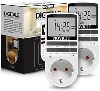 2X NOVKIT Digitale Zeitschaltuhr Steckdose mit 10 konfigurierbaren wöchentlichen Programme und einbruchsicheren Zufallsfunktion für Innen (230V / 16A / 3680W)
