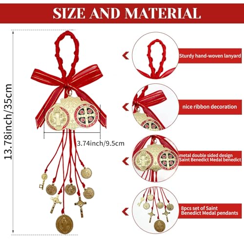 Escapularios Catolicos,2PCS Golden Saint Benedict Medal Protection Blessing Charm, St Benedict Crucifix, Catholic San Benito Medalla Pendant Handmade Jewelry Gift Car Hanging Home Decor (Red)3