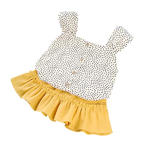 Baby Girls Summer Outfits Off Shoulder Ruffle Halter Top Fruit Print Button Camisole Floral Bell Bottoms Short Pants (O-Yellow, 5-6 Years)