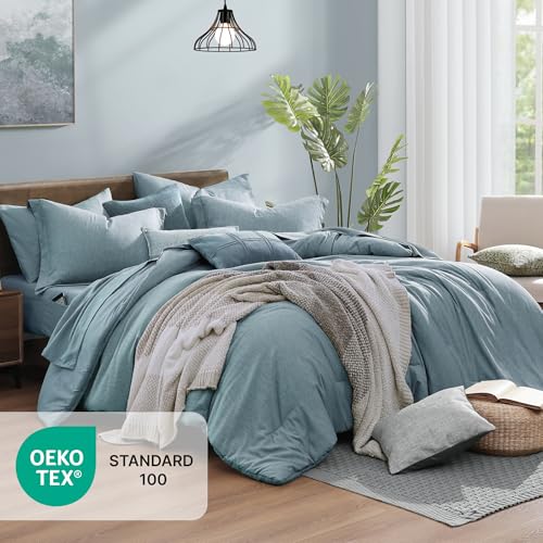Monbix Full Size Comforter Set-7 Pieces Dusty Blue Cationic Dyeing Bed in a Bag Full Bedding Sets with Comforter, Sheets, Pillowcases & Shams, All Season Reversible Bedding Comforters