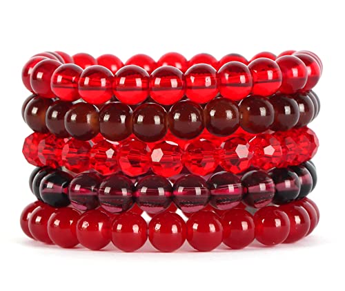 CASDAN 5Pcs 8mm Beaded Stretch Bracelet Handmade Glass Bracelet for Women Mens Multicolor Crystal Round Beads Bracelet Elastic Bead Bracelets Jewelry