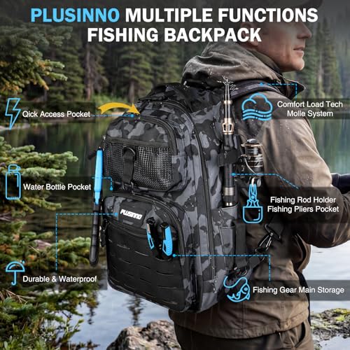 Image of PLUSINNO Fishing Gear, Fishing Backpack with Tackle Box, Waterproof tackle Backpack with Rod Holders, Lures, Tools, Pliers & Accessories, Fish Gifts for Men