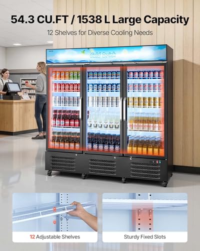 Image of VEVOR Commercial Merchandiser Refrigerator, 54.3 Cu.Ft / 1538L Upright Beverage Cooler, 3 Glass Door Display Refrigerator with Customizable Lightbox, 12 Adjustable Shelves, Soft LED Lighting & Casters