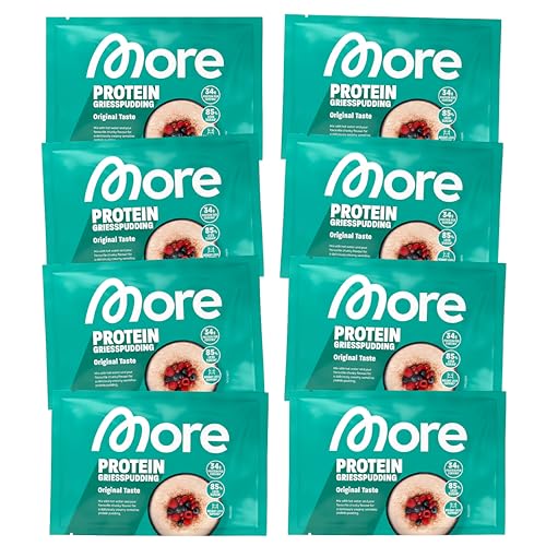 More Protein Grießpudding 2.0, 8er Pack, 8 x 60 g, 34 g Eiweiß pro Portion, schnelle Zubereitung ohne Kochen, cremig leckerer Grießpudding mit weniger Zucker und Fett, perfekt zum Verfeinern