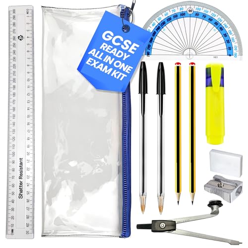Verlo GCSE Stationery Set with Clear Exam Pencil Case Maths Geometry Bundle Compass 180 Degree Protractor 30cm Ruler HB Pencils Pens Highlighter Eraser Sharpener Back to School Kit