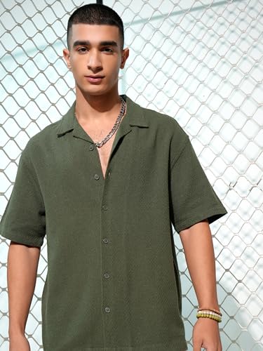 Image of Highlander Men's Oversized Shirts | Self Design | Half Sleeves | Cuban Collar | Casual Shirts | Stylish Shirt