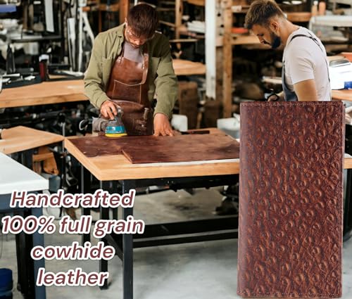 Image of F&L CLASSIC Men's RFID Vintage Look Genuine Leather Long Bifold Wallet Checkbook Wallets,ostrich print brown,240-51