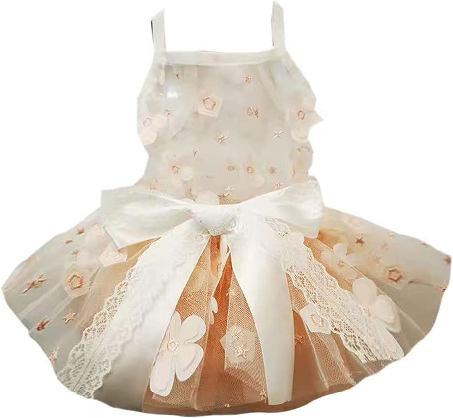 Light Orange Flower Pet Princess Wedding Dress Summer Fluffy Dress Small Dog Teddy Pomeranian Cats (Arge)