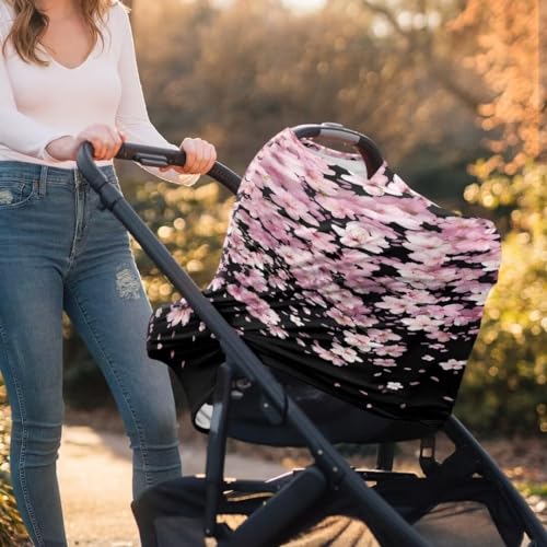 Image of Coldinair Cherry Blossom Car Seat Cover for Babies Girls,Nursing Cover,Soft Stretchy Infant Carseat Canopy,Shopping Cart /High Chair /Stroller Covers