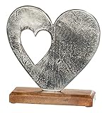 Aufsteller Liebesgeschenk Herz-Figur mit zweitem offenem Herz aus Alu, Mangoholzsockel, Silber | Skulptur, Statue, Deko-Figur, Deko-Artikel, Herzgeschenk, H 15 cm