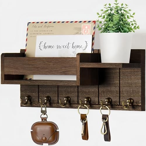 Rustic Key Holder Wall Mount - 6 Metal Hooks & Shelf for Entryway Decor - Decorative Key Rack & Mail Organizer - Farmhouse Style for Living Room & Home Entry