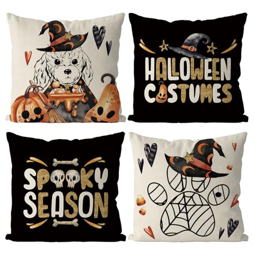 Gagec HALLOWEEN DOG 4PILLOW-9 Halloween Pillow Covers 18X18 Inch Set Of 4 Poodle Throw Pillow Covers Spooky Season Farmhouse Pillowcase Couch Cushion Case cover