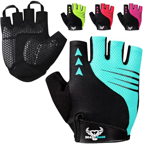 BEAST RAGE Guantes de Ciclismo de Medio Dedo para Hombres y Mujeres – Guantes de Bicicleta Acolchados, Transpirables, Antideslizantes, sin Dedos, Guantes de Bicicleta de Carretera (Agua, S)