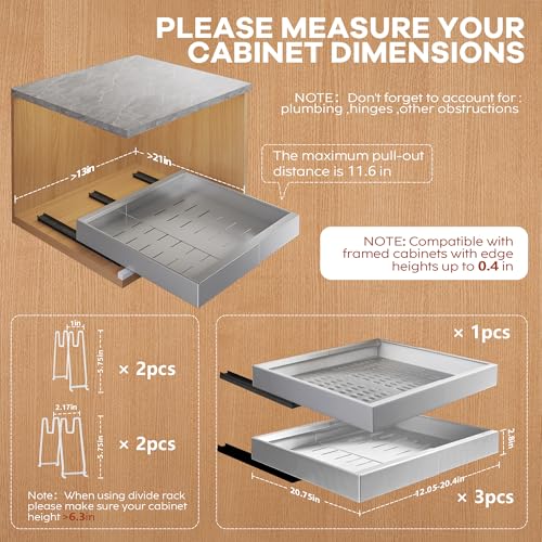 4Pack Expandable Pull Out Cabinet Organizer 21" Deep with Raising Pad for Framed Cabinets,Slide Out Drawers with 4pcs Divider Racks,Roll Out Shelves,Adjustable Width 12.05"-20.4" Silver