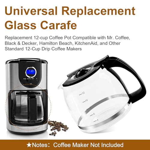 Universal 12-Cup Glass Carafe Replacement for Mr Coffee, Black & Decker, Hamilton Beach, KitchenAid & More - Durable Coffee Pot with Handle & 3 Adjustable Caps - Image 2