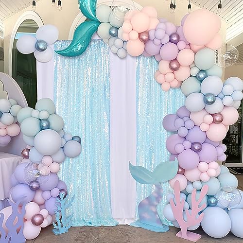 Image of Mermaid Blue Sequin Backdrop 2 Pcs 2ftx8ft Glitter Backdrop Curtains for Mermaid Themed Birthday Party Decorations