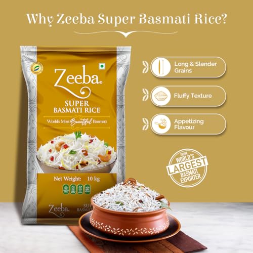 Image of Zeeba Super Basmati Rice 10 Kg, Fluffy & Naturally Aromatic, Gluten Free Fine Grains (Cooked length upto 23mm*)