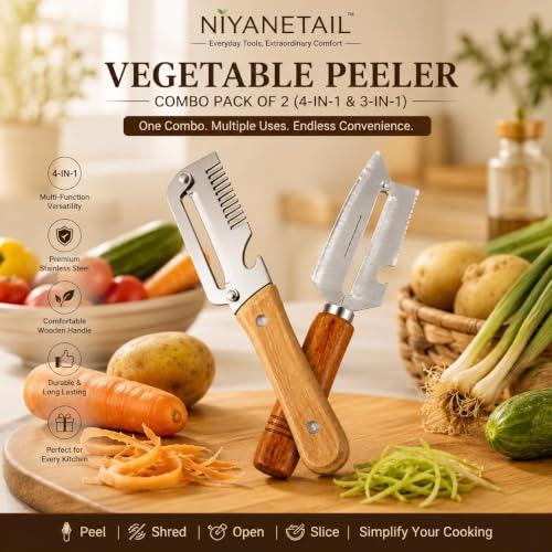 Image of 2-Piece Multifunctional Vegetable Peeler with Ergonomic Wooden Handle, Heavy Duty Stainless Steel 3-in-1 & 4-in-1 Kitchen Tool with Scallion Shredder & Built-in Bottle Opener for Home Cooking