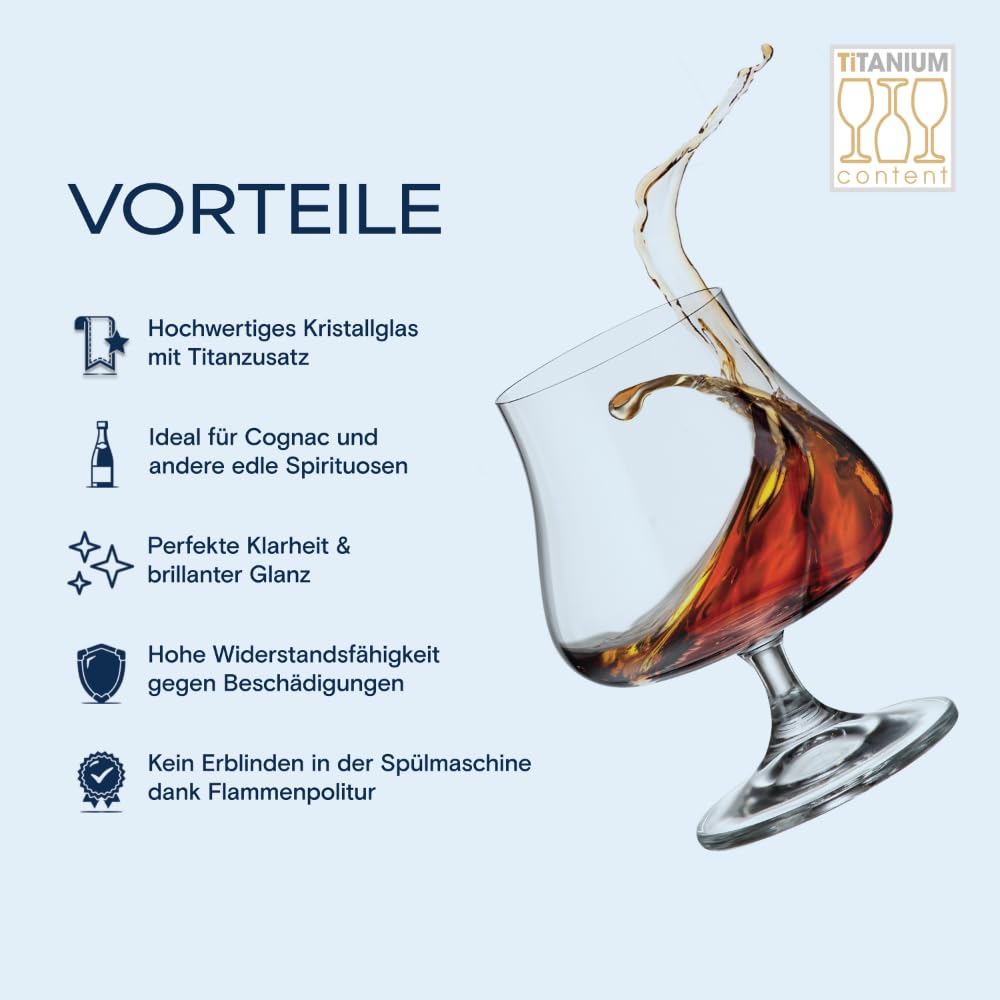 Crystal Bohemia Cognacgläser - 6er Set, je 575 ml, spülmaschinenfest, robust, kratzfest & bleifrei - Elegante Kristallgläser für Cognac, Brandy & edle Spirituosen - Ideal als Geschenk