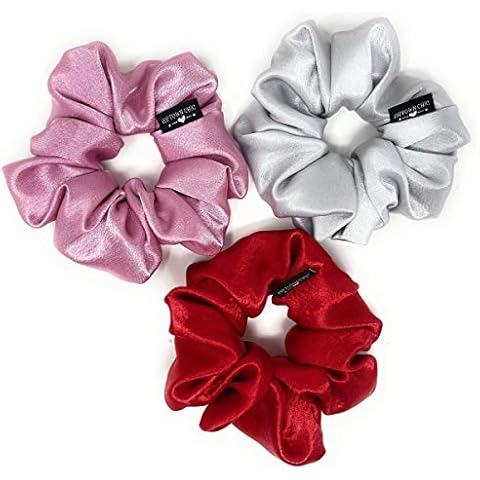 iUptown Chic Satin Scrunchies for Women Girls, Sleep Hair Holder Scrunchy, Elastic Ties Band Ponytail Bun, Frizz Breakage Prevention- Pack of 3 (Red, Silver, Pink) Cover