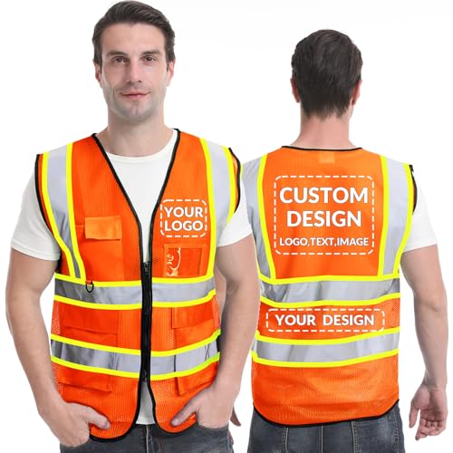 BeautyWill Custom Safety Vest, Reflective Mesh Vest with Logo Class 2 Hi Vis constuction Vest Unisex Protective Workwear with 5 Pockets-(Orange, M)