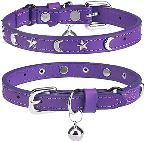 DILLYBUD Leather Cat Collars for Boy Girl Cats with Bell and Safety Elastic Belt, Personalized Star and Moon Stud Adjustable Safe Buckle Collar for Kitty Small Big Cats Size 8-12 Inch, Purple