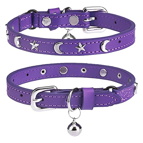 DILLYBUD Collare in pelle per gatti con cintura elastica di sicurezza e campanella, per ragazze e ragazzi, viola, 18-23 cm