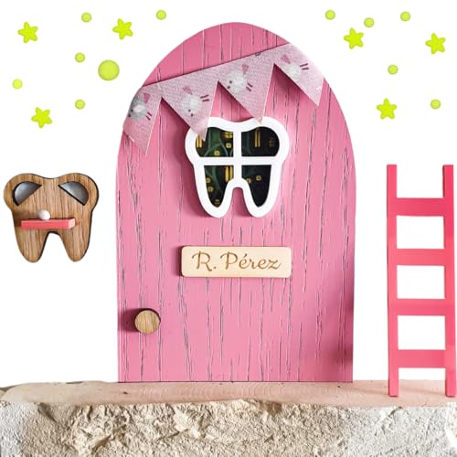 7GANSOS Puerta ratoncito Pérez ROSA de MADERA con estrellas LUMINISCENTES y repisa para dejar el diente. Decoración infantil de diseño.