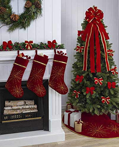 Christmas Tree Skirt Holiday Decor - Red Velvet With Gold Glitter Starbursts thumb #4