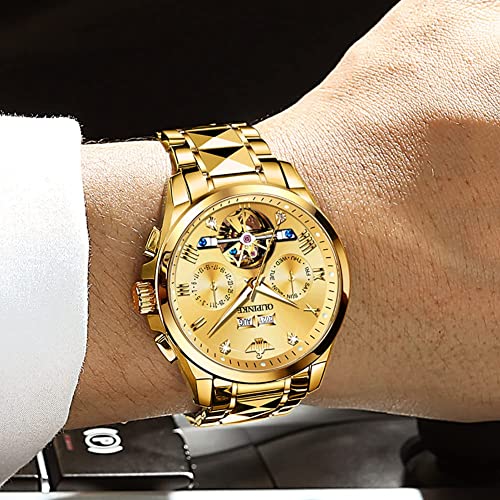 Image of OUPINKE Automatic Watches for Men Skeleton Mechanical Self Winding Luxury Business Dress Wrist Watch Diamond Tungsten Steel Sapphire Crystal Calendar Waterproof Luminous