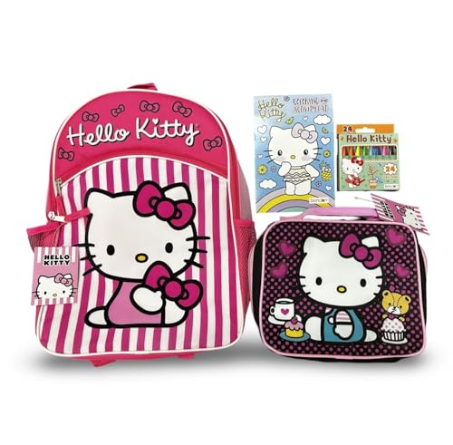 Hello Kitty Backpack & Insulated Lunch Bag Bundle – School Supplies Set with Stickers, Accessories & Water Bottle – Girls Back to School Kit