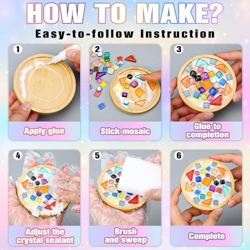 Qinyoung 6 Sets DIY Mosaic Tiles for Crafts Mixed Color Glass Mosaic Kits Adults DIY Coasters Kit Make Your Own Stained Glass Mosaic Tiles Coaster for Handmade Home Decoration Gift (Square and Round)