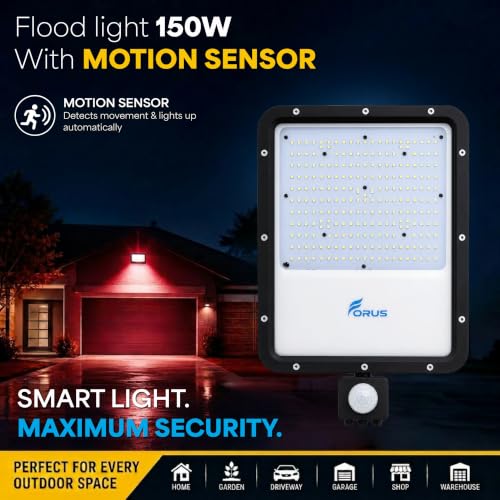 Image of Forus 150W LED Flood Light Red with Motion Sensor Auto On Off Day Night Mode Waterproof Outdoor Security Light for Garden Parking Garage Factory Warehouse Shop High Bright Floodlight 4Yr Warranty-1Pc