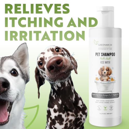 Greenwich 100% Vegan Fellpflege Hundeshampoo gegen Juckreiz, 400 ml, Sensitiv Hypoallergen Welpen Katzen Shampoo für Geruch, alle Hunderassen, pH Wert