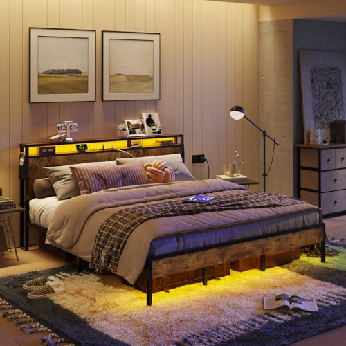 Bestier Full Bed Frame with Headboard, Dual LED Lights Platform Bed Frame with Charging Station, Metal Bed Frame with 2-Tier Storage, Non-Slip, Noise-Free, Easy Assembly, Rustic Brown Rustic
